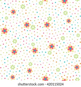 Seamless floral pattern with flowers and dots of fresh colors on a white background. Vector repeating texture.
