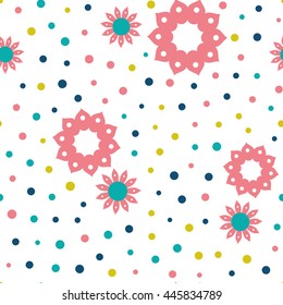 Seamless floral pattern with flowers and dots of fresh colors on a white background