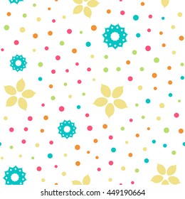 Seamless floral pattern with flowers and dots of fresh colors on a white background