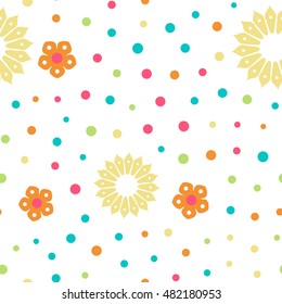 Seamless floral pattern with flowers and dots of fresh colors on a white background
