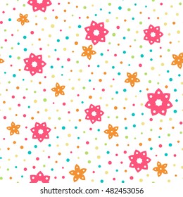 Seamless floral pattern with flowers and dots of fresh colors on a white background. Vector repeating texture.