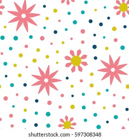 Seamless floral pattern with flowers and dots of fresh colors on a white background. Vector repeating texture.