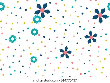 Seamless floral pattern with flowers and dots of fresh colors on a white background