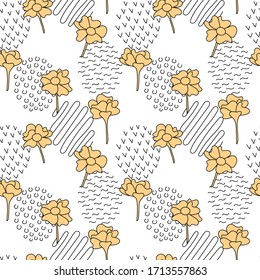 Seamless floral pattern. Flowers and elements in the Doodle style . Hand drawn vector for backgrounds, fabric, and other surfaces