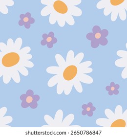 Padrão floral perfeito. Flores, fundo sem fim, design de textura. Daisy floresce, camomiles, repetindo impressão de verão para têxtil, tecido, papel de parede e papel de embrulho. Ilustração de vetor plano
