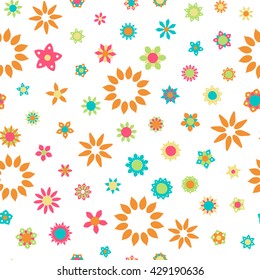 Seamless floral pattern with flowers of fresh colors on a white background. Vector repeating texture.