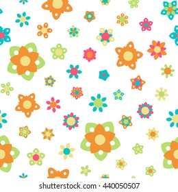 Seamless floral pattern with flowers of fresh colors on a white background. Vector repeating texture.