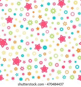Seamless floral pattern with flowers of fresh colors on a white background. Vector repeating texture.