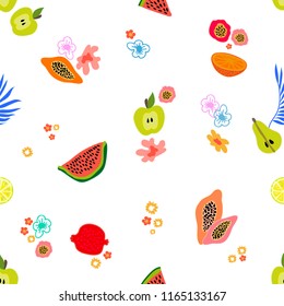 Seamless floral pattern with flowers, fruits and different plants inspired by 1950s-1960s design. Retro textile collection. On white background.