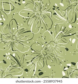 Seamless floral pattern. Flowers hand drawn cute simple pastel background. Ink sketch. Black and white olive green background for botanical design