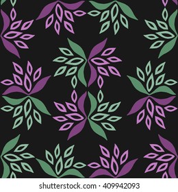 Seamless floral pattern. Flowers and leaf texture. On a dark background crimson and green leaves.