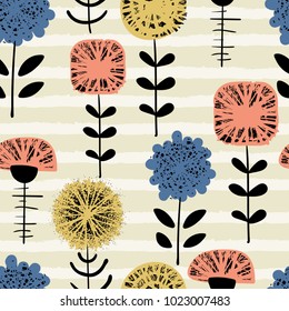 Seamless floral pattern with flowers, leaves, branches. Abstract background in grunge style with strokes, stripes. Graphic design for paper, textile print, page fill. Vector illustration