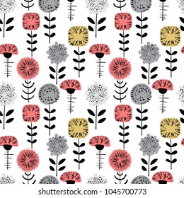 Seamless floral pattern with flowers, leaves, branches. Abstract background in grunge style with strokes. Graphic design for paper, textile print, page fill. Vector illustration