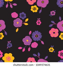 Seamless floral pattern with flowers and leaves on black background. Perfect for summer greeting cards and wedding invitation