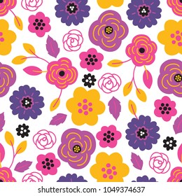 Seamless floral pattern with flowers and leaves on white background. Perfect for summer greeting cards and wedding invitation