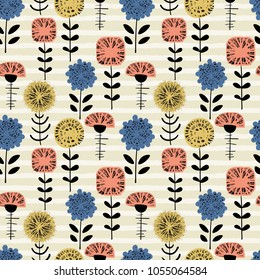 Seamless floral pattern with flowers, leaves, branches. Abstract background in grunge style with strokes. Graphic design for paper, textile print, page fill. Vector illustration