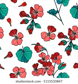 Seamless floral pattern with flowers,  leaves and buds of red geranium on white background. Perfect for summer greeting cards and wedding invitation