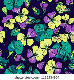 Seamless floral pattern with flowers,  leaves and buds of yellow-blue geranium on dark background. Perfect for summer greeting cards and wedding invitation