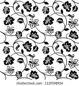 Seamless floral pattern with flowers and leaves. Isolated black drawing on a white background.