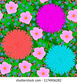 Seamless floral pattern. Flowers, leaves, grass, buds. For decoration, banners and other purposes.
