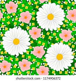 Seamless floral pattern. Flowers, leaves, grass, buds. For decoration, banners and other purposes.
