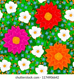 Seamless floral pattern. Flowers, leaves, grass, buds. For decoration, banners and other purposes.
