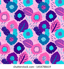 Seamless floral pattern with flowers and leaves, vector. Colorful seamless pattern with abstract floral motif. Good for products for kids, covers, print on fabric, wallpaper and more