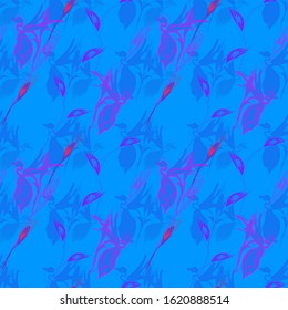 Seamless floral pattern with flowers and leaves on a blue background.