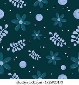 Seamless floral pattern flowers, leaves and dots repeat endless background backdrop cover texture 