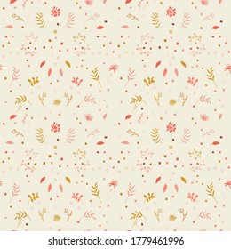 Patrón floral sin foco con flores y hojas. Fondo moderno con elementos dibujados a mano.