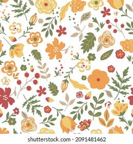 seamless floral pattern, Flowers and leaves autumn vector flat background, Cute floral pattern on the small flower. Ditsy print. Seamless vector texture. 