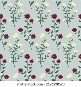 Patrón floral sin foco de flores y hojas. Patrón floral primaveral al estilo de garabatos. Imagen del vector