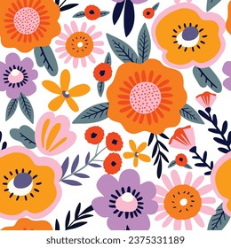 Seamless floral pattern with flowers and leaves. Vector illustration.