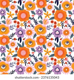 Seamless floral pattern with flowers and leaves. Vector illustration.	
