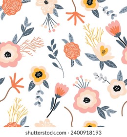 Patrón floral sin foco con flores y hojas sobre un fondo blanco. Ilustración vectorial.