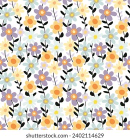 Seamless floral pattern with flowers and leaves on a white background. Vector illustration.