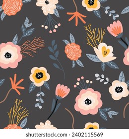 Seamless floral pattern with flowers and leaves. Vector illustration
