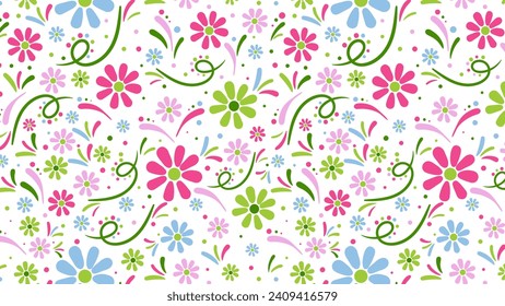 Patrón floral sin foco con flores y hojas. Ilustración vectorial.