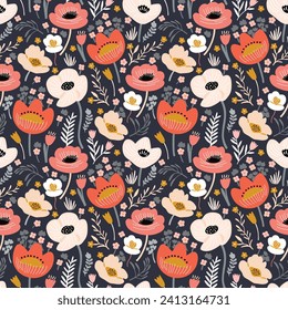 Seamless floral pattern with flowers and leaves. Vector illustration in doodle style