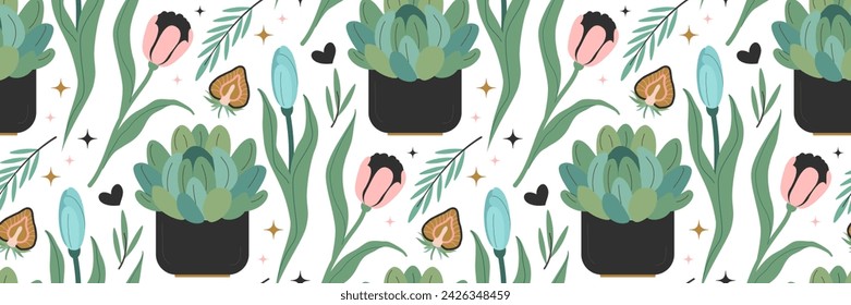 Seamless floral pattern with flowers and leaves, tulips, succulent. Spring background. Floral print for your design, clothes, wrapping paper, packaging. Vector flat illustration.