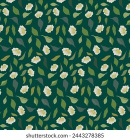 Seamless floral pattern with flowers and leaves. Vintage botanical print with spring botany on green background. Ditsy style. Blooming garden pattern. For print, wallpaper, fabric, pillow, bed linen.