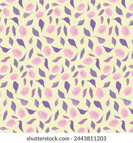 Patrón floral sin costuras con flores y hojas. Estampado botánico vintage con botánica de primavera sobre fondo amarillo. Estilo Ditsy. Patrón de jardín floreciente. Para la impresión, papel pintado, tela, almohada, ropa de cama.