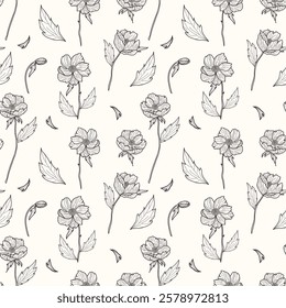 Seamless floral pattern with flowers, leaves and branches, on a light background in graphic style, hand drawn.. Vintage engraving style, for print, fabric, wallpaper.