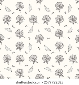 Seamless floral pattern with flowers, leaves and branches, on a light background in graphic style, hand drawn.. Vintage engraving style, for print, fabric, wallpaper.