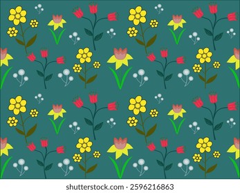 Seamless floral pattern with flowers and leaves in yellow, perfect for spring and summer wallpaper or textile design