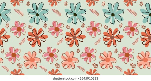 Seamless floral pattern with flowers and leaves for spring and summer decor, Exotic hand drawn flowers, seamless patterns with floral for fabric, textiles, clothing, wrapping paper