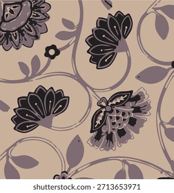 Patrón floral sin fisuras con flores y hojas Elegante patrón floral sin fisuras con flores estilizadas, hojas y enredaderas dispuestas sobre un fondo púrpura suave.