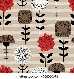 Seamless floral pattern with flowers, leaves, branches. Abstract background in grunge style with strokes, stripes. Graphic design for paper, textile print, page fill. Vector illustration