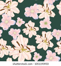 Seamless floral pattern. Flowers of  lilies and tender spring flowers on a dark green background. Watercolor style. Botanical illustration. Vector background.