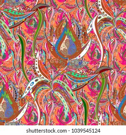 Seamless floral pattern with flowers on orange, green and magenta colors. Flowers on orange, green and magenta colors in watercolor style.